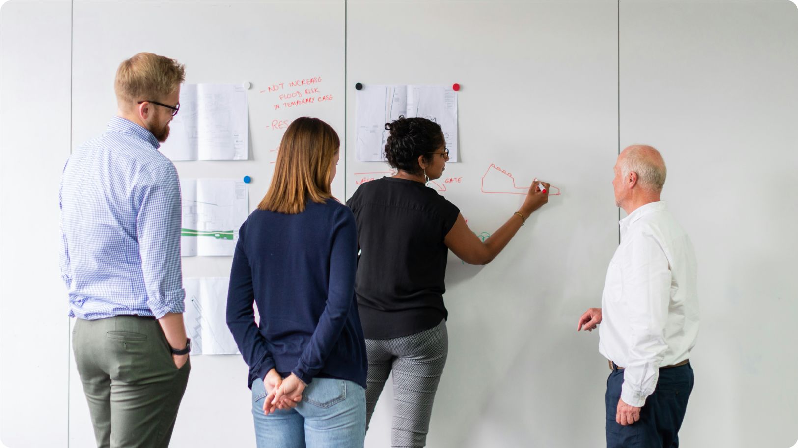 Team collaboration session at whiteboard planning solutions
