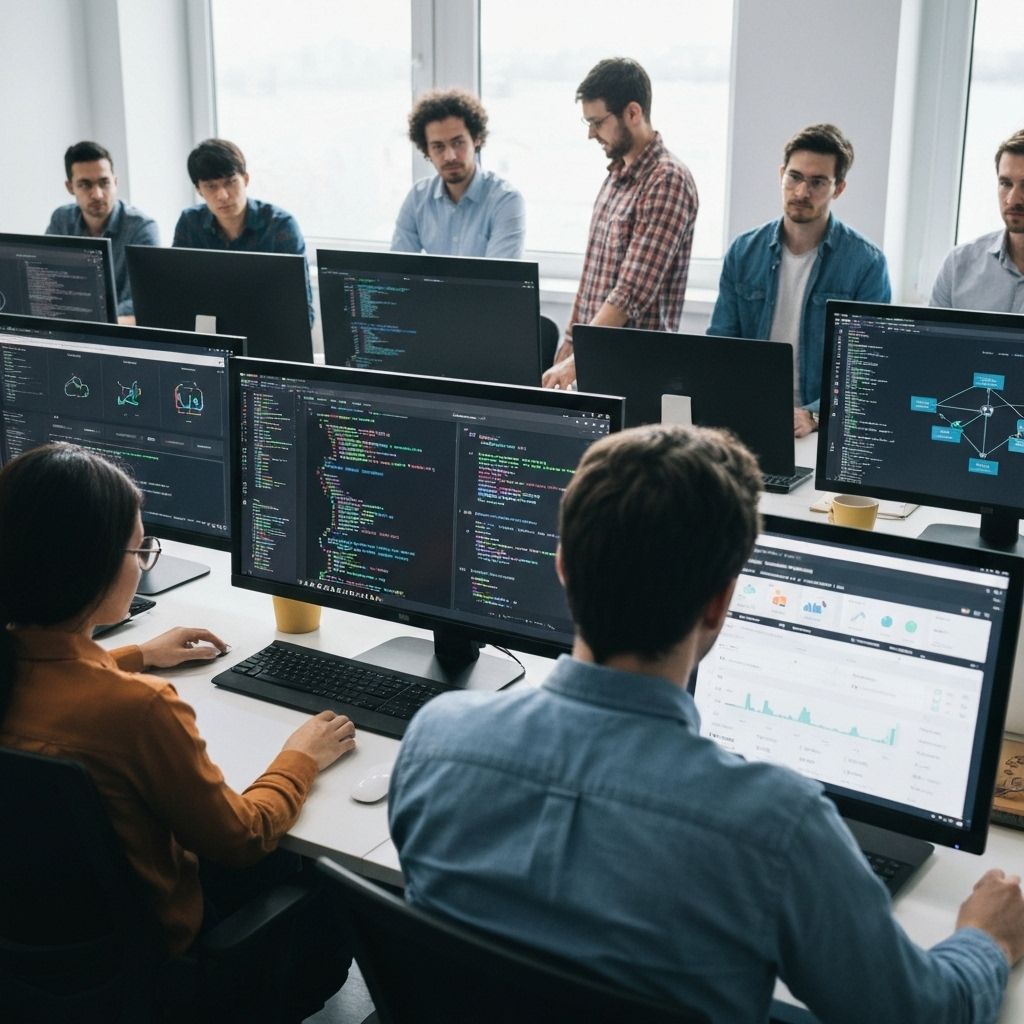 Software development team coding and building applications