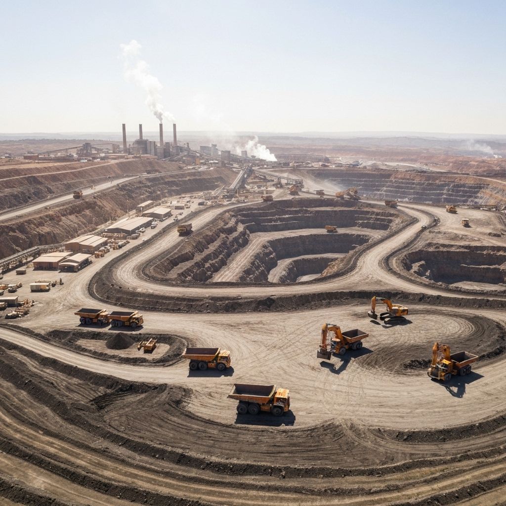 Mining operations site with heavy machinery and industrial equipment