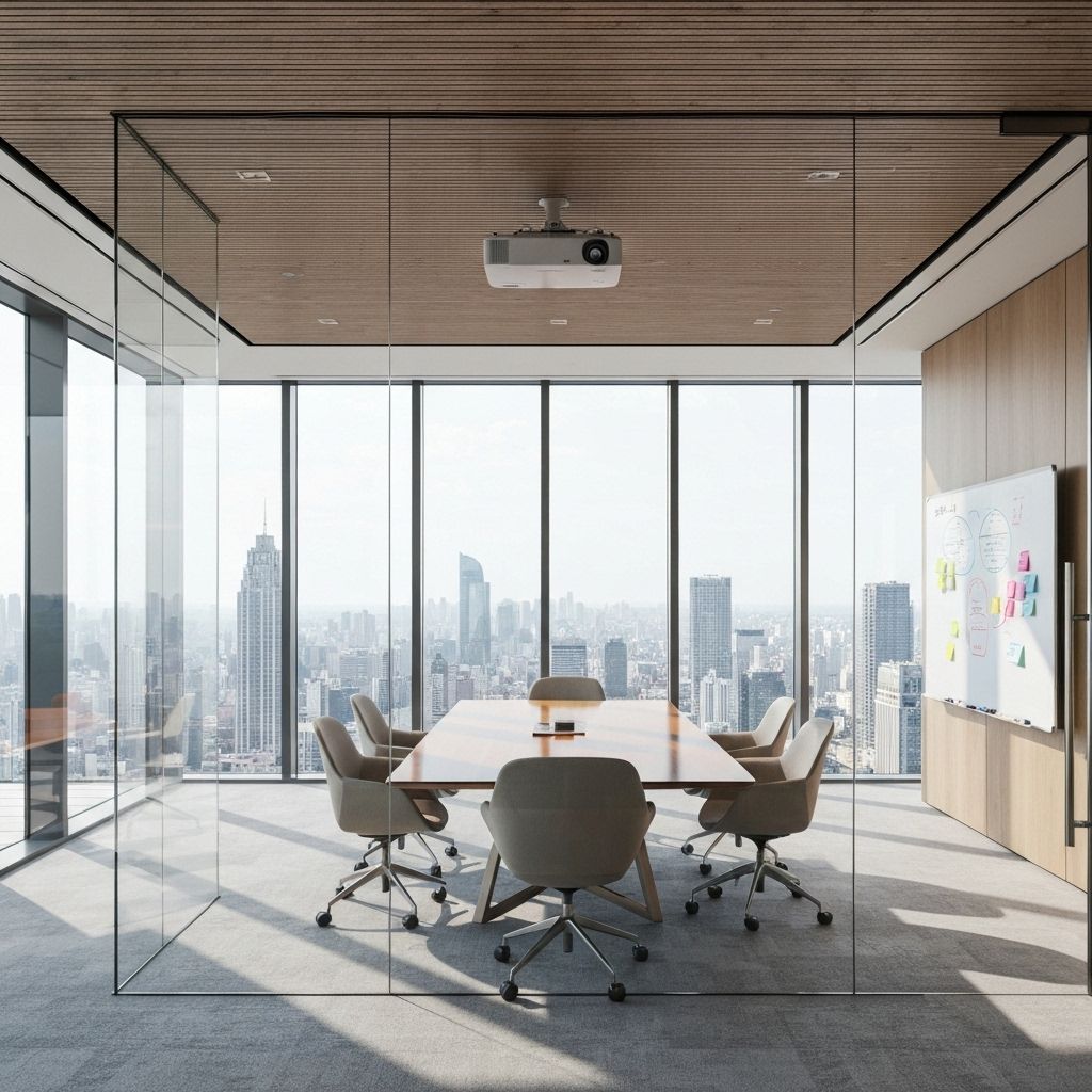 Modern office meeting room with glass walls and collaborative workspace