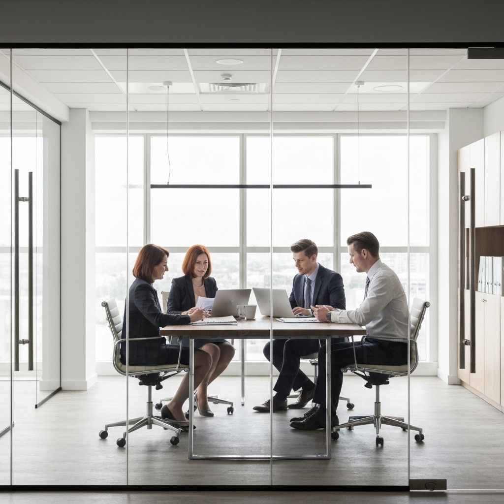 Professional services team in office meeting discussing business strategies
